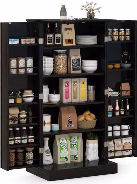 Gymax Black Minimalist Kitchen Pantry Cabinet with Adjustable Internal Shelves and 2 Hinged Doors