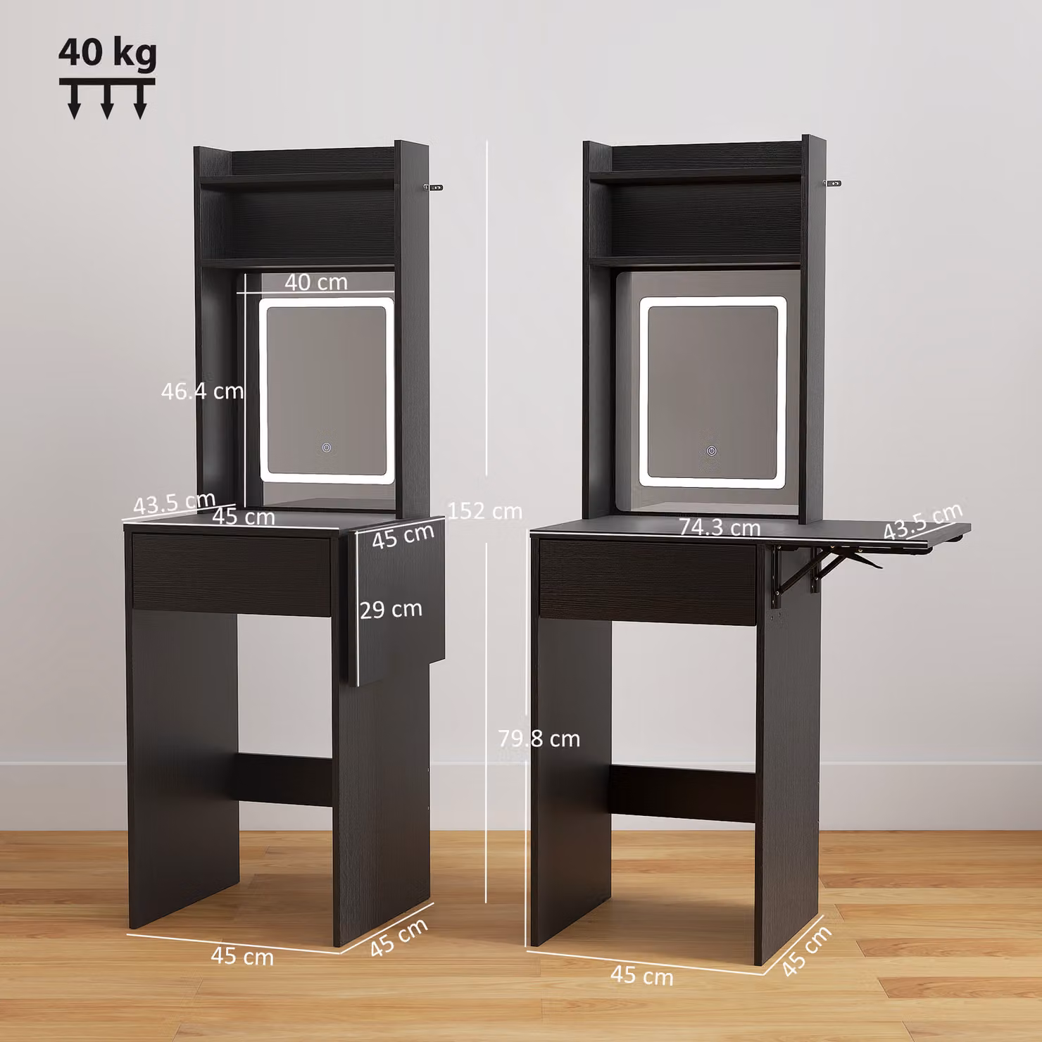 HOMCOM Small Black Vanity Desk with LED Mirror, Drop Leaf Dressing Table with Open Shelves and Drawer, H 152 x W 40 x D 74.3 cm – 3
