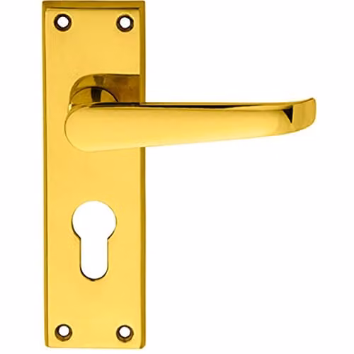 Loops Pair Straight Victorian Lever on Euro Lock Backplate in Polished Brass, W: 150 mm, H: 43 mm