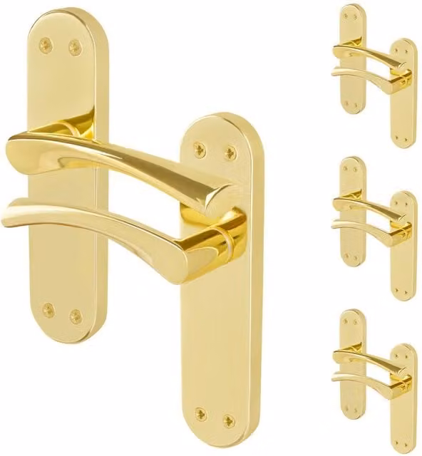 AFIT Polished Brass Twist Door Handles with Long Backplate, Gold, 4 Pairs, W/D/H: 150 x 100 x 17.5 mm