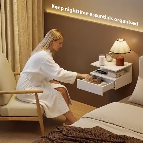 HOMCOM Set of 2 White Wall Mounted Floating Bedside Tables with Storage Drawers – 2