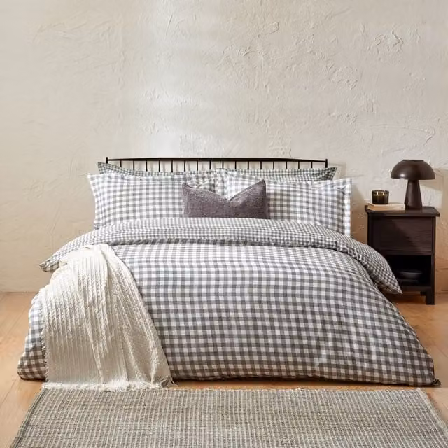 Make it a Home Barton Gingham Check Reversible Cotton Duvet Cover and Pillowcase Set, Grey, W: 200 cm x D: 200 cm