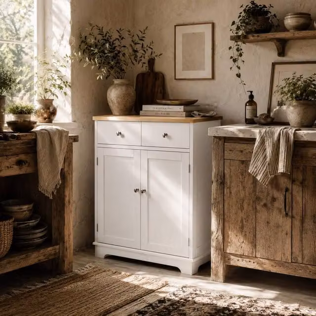 Wyld Haus Colalu Wooden Kitchen Cabinet with Solid Natural Top, 2 Doors and 2 Drawers, White