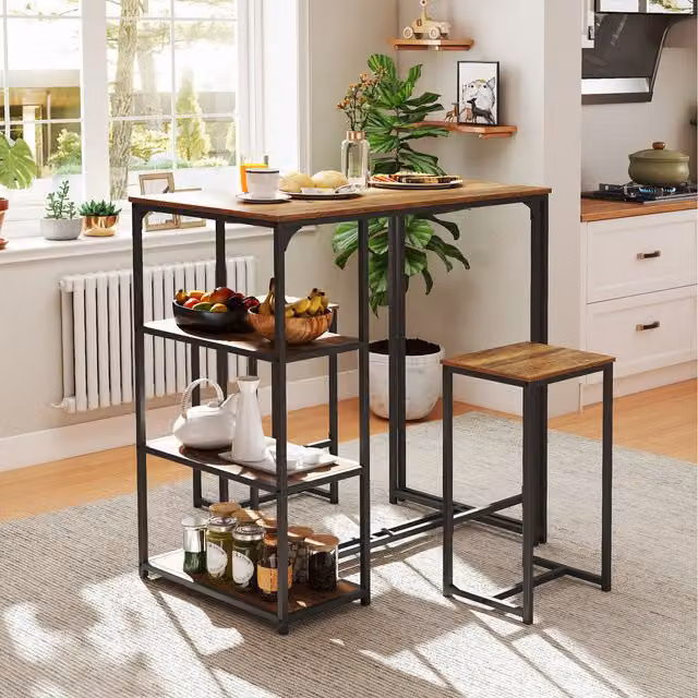 Costway 3-Piece Industrial Kitchen Bar Table Set in Brown