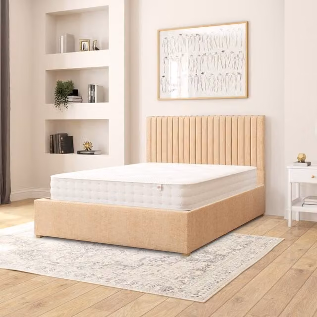 Aspire Grant Firenze Velour Fabric Ottoman Storage Bed in Beige/Yellow, W: 140 cm, L: 200 cm