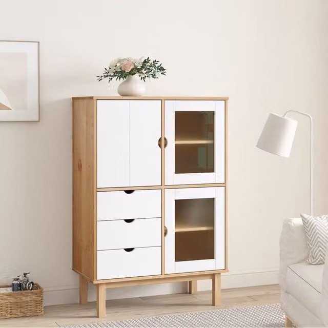 Berkfield Home OTTA Highboard in Brown and White Solid Pine Wood, W/D/H: 85 x 43 x 125 cm