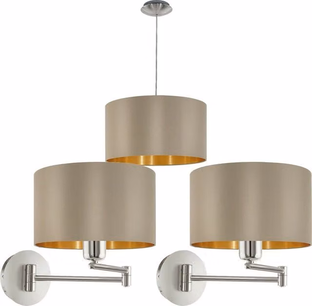 Loops Ceiling Pendant and 2x Matching Wall Lights in Taupe and Gold with Fabric Shades – 1