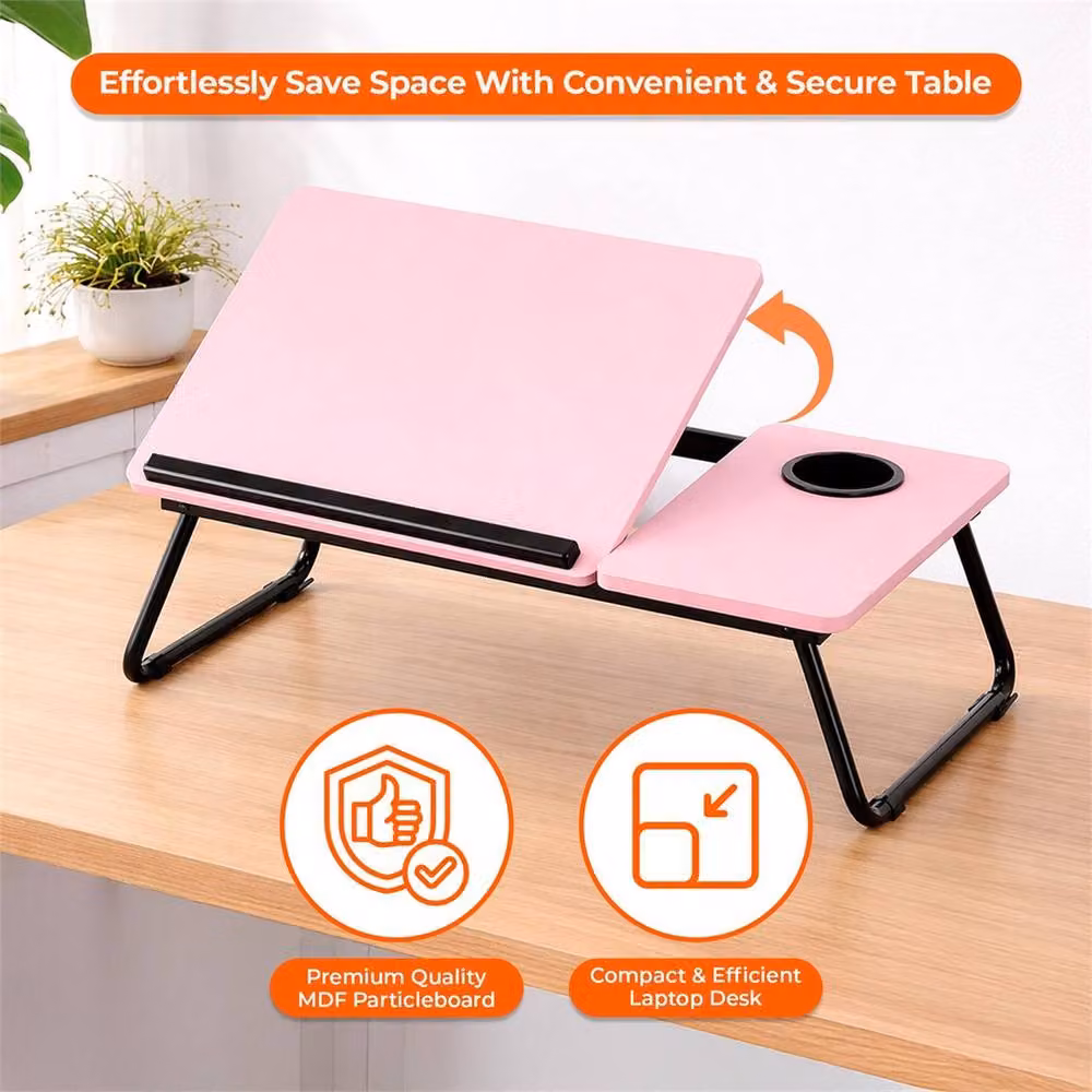 FLAVORA Pink Foldable Laptop Table with Adjustable Tilting Top and Height Adjustment – 3