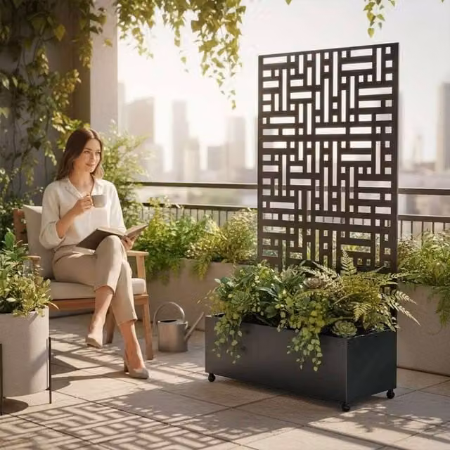 Nicoman Metal Outdoor Privacy Screen with Plant Pot Geometric Garden Divider in Anthracite Grey, H: 180 cm, W: 90 cm, D: 40 cm