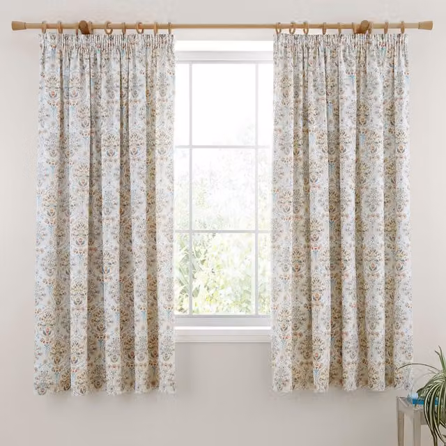 Dreams & Drapes Edena Decorative Floral Pencil Pleat Curtains, Petrol, Gold and Multicolour, W: 167.64 cm, D: 182.88 cm