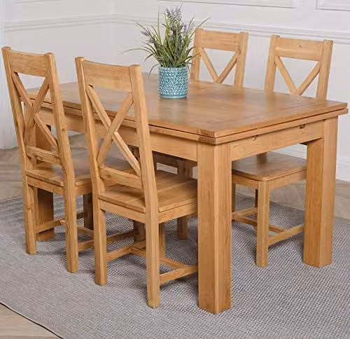Oak Furniture King Richmond Solid Oak 4 Seater Extending Dining Table and Berkeley Oak Chairs Set, Brown