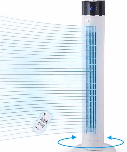 PureMate White Oscillating Tower Fan with Air Purifier, Ioniser and Aroma Function