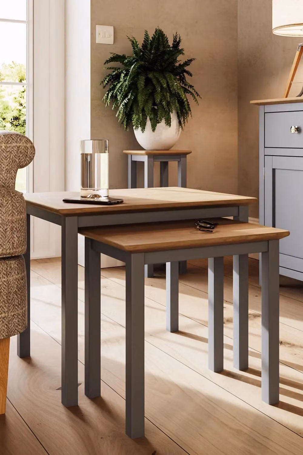 FWStyle Dove Grey Nest of 2 Tables with Oak Top, W/D/H: 55 x 45 x 44 cm – 2