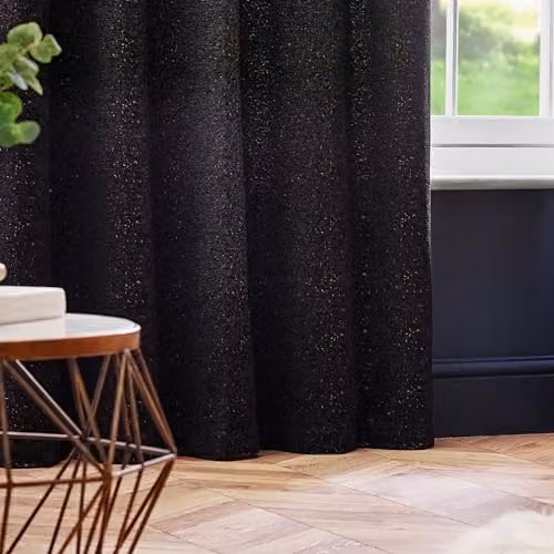 Paoletti Galaxy Black and Gold Chenille Velvet Eyelet Curtain Pair, W: 117 cm, H: 137 cm – 2