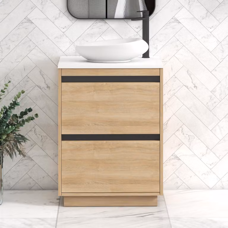 Royal Bathrooms Orion 600mm Natural Oak Floor Standing 2 Drawer Vanity Unit with Nova Basin and Black Accent Trim in Plain White