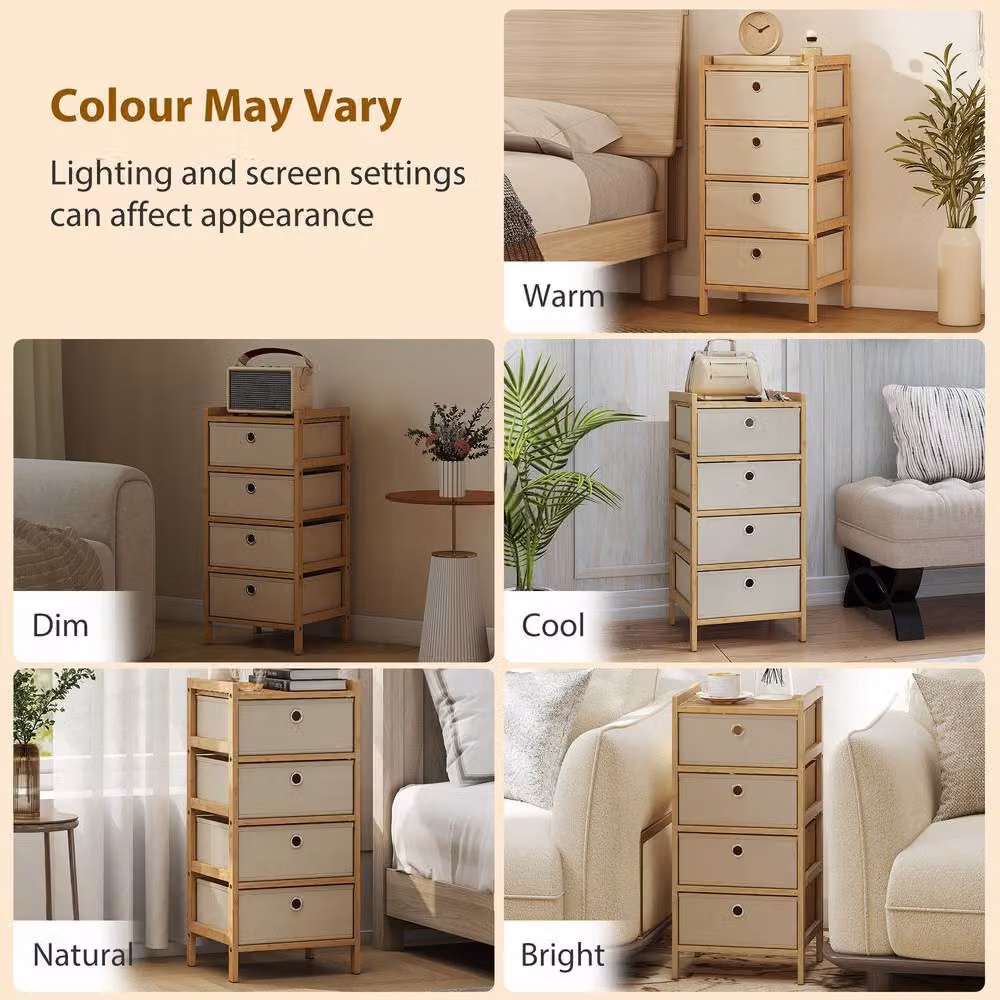 STILVORA Slim Chest of Drawers with 4 Fabric Drawers in Beige – 4