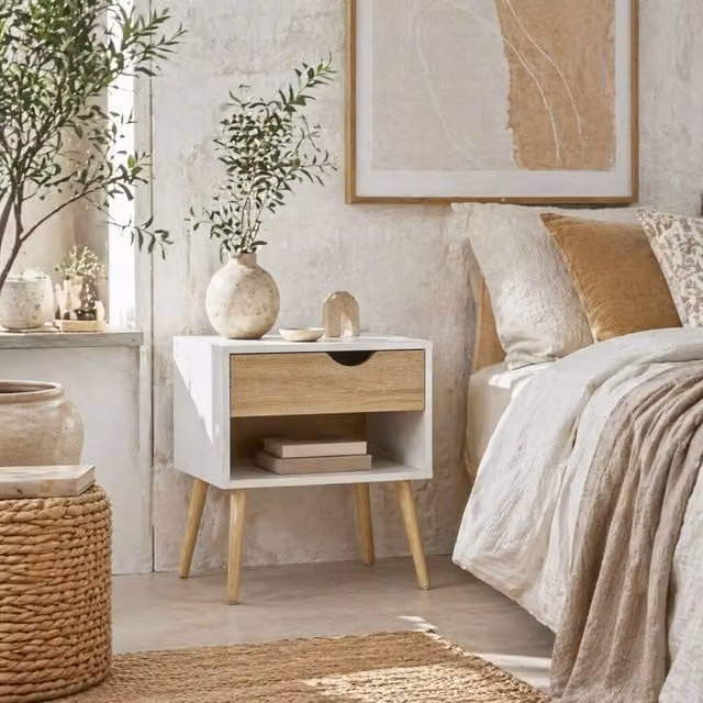 Wyld Haus Basuve Bedside Table with Drawer and Shelf in White and Light Oak – 1
