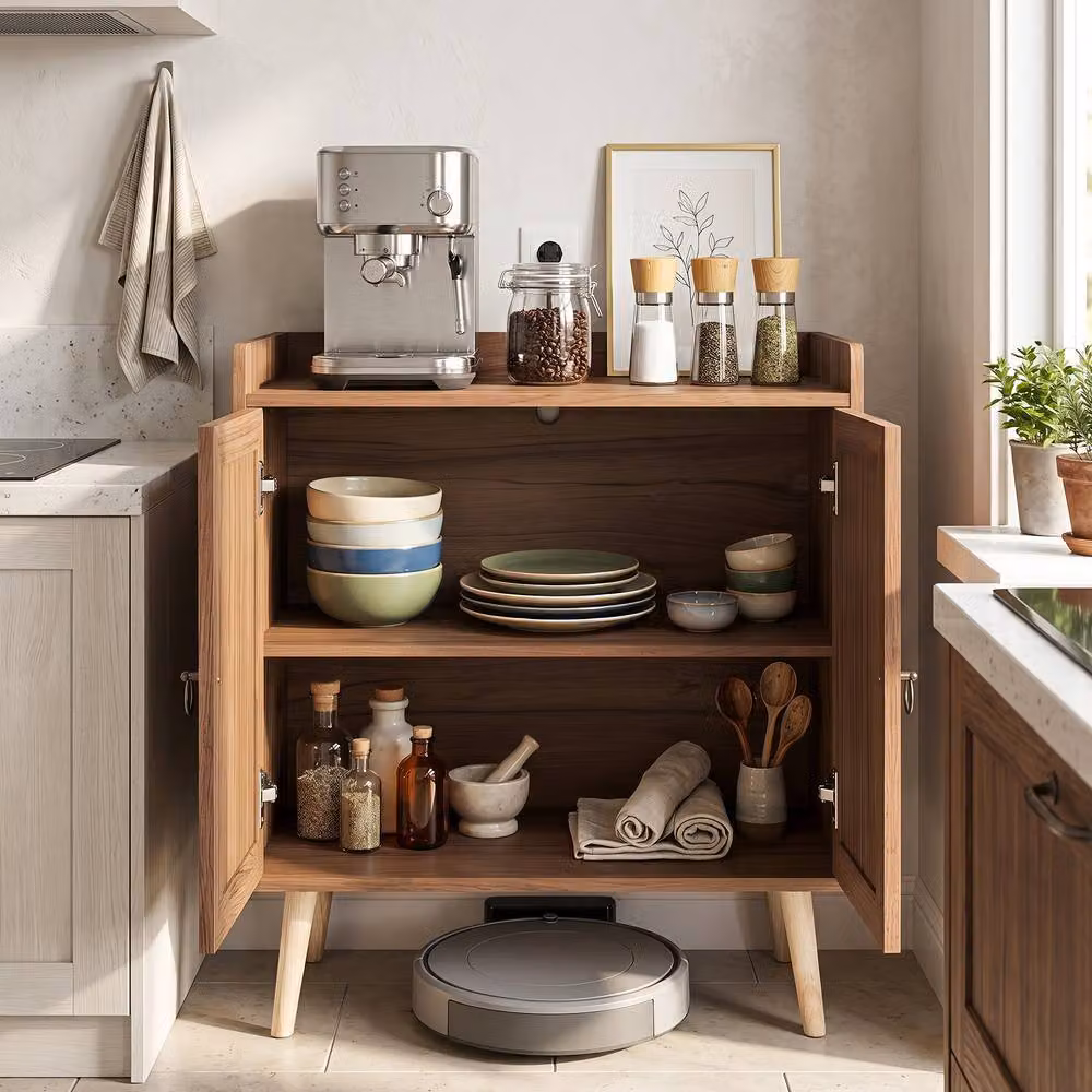 Costway Brown Rattan Sideboard Buffet Cabinet with Adjustable Shelf and Metal Accents – 6