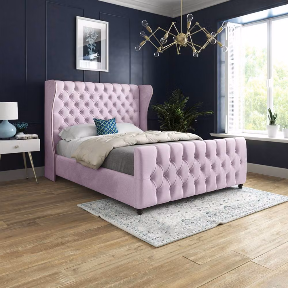 Casani Horning Upholstered Pink Velvet Designer Bed Frame, W: 140 cm, D: 200 cm, H: 144 cm – 2