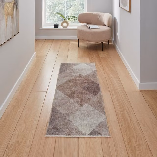 Terrys Modern Rectangular Flat Weave Washable Runner in Beige and Brown with Diamond Pattern