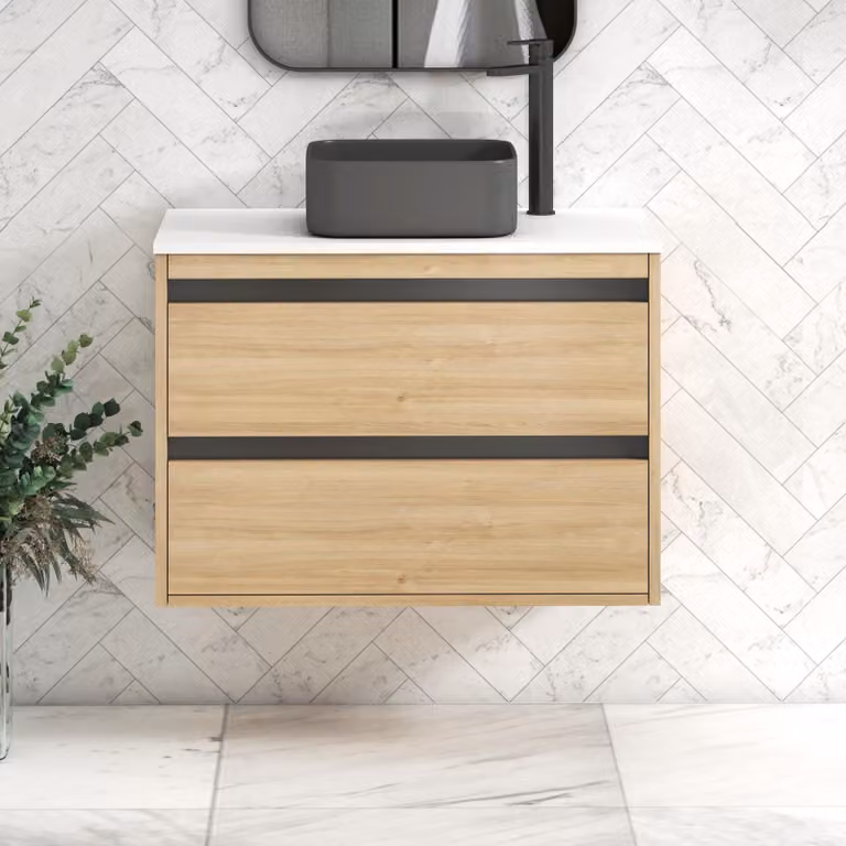 Royal Bathrooms Orion 800mm Natural Oak Wall Hung Vanity Unit with 2 Drawers, Plain White Countertop, Art Square Basin and Black Accent Trim