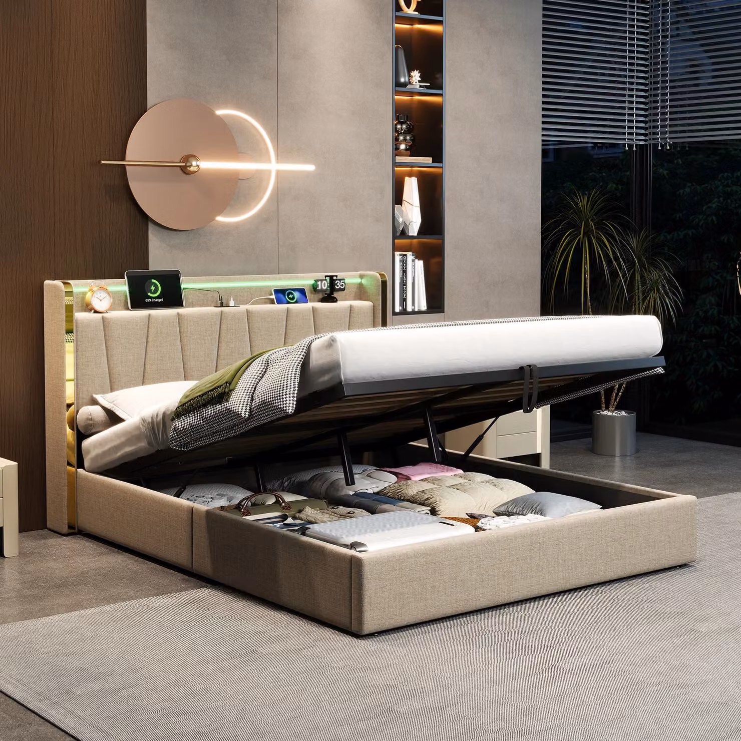 Matteo Double Upholstered Bed Frame with Hydraulic Storage, LED Headboard and USB-C Charging in Beige Linen – 2