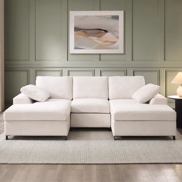 Daniel U-Shaped Sofa in Beige and White Fabric with Scatter Cushions