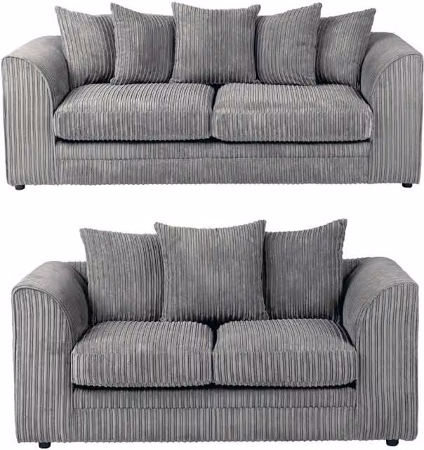 SquareBoxx Lennox Grey Cord Upholstered 3+2 Sofa Set with Scatter Cushions