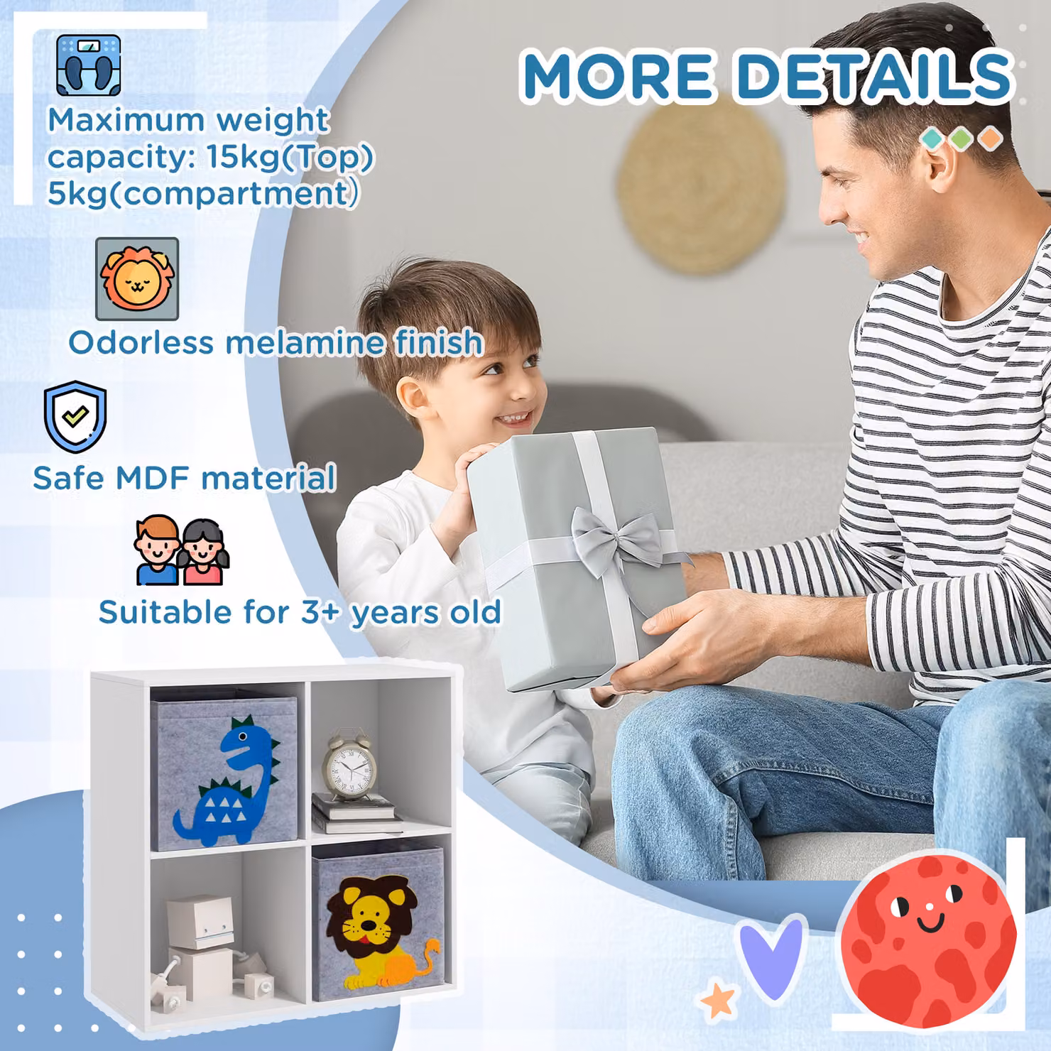 ZONEKIZ Toy Storage Box for Children with Dual Non-Woven Fabric Bins, White, W: 61.8 cm, D: 29.9 cm, H: 61.8 cm – 5
