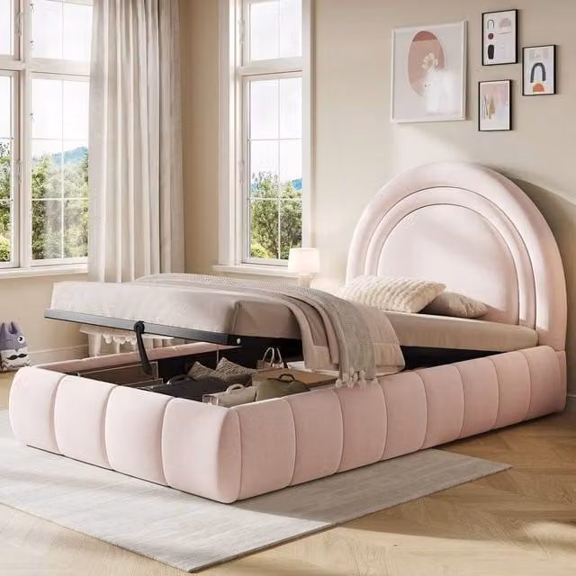 Rolipo Pink Velvet Single Bed with Hydraulic Storage and Headboard W/D/H: 90 x 190 cm – 1