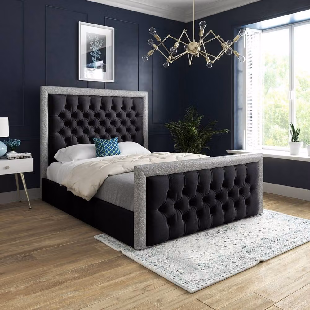 Casani Thornton Black Soft Velvet Designer Bed Frame with Glitter Border, W/D/H: 120 x 200 x 137 cm – 2