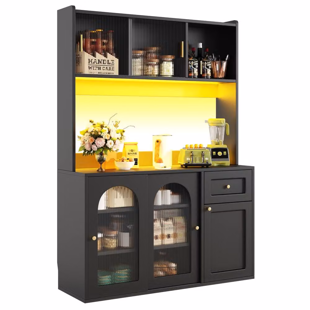 ModernLuxe Tall Kitchen Cupboard in Matt Black with Glass Doors, Internal Drawers and Integrated LED Lighting, W/D/H: 120 x 48.85 x 167 cm – 3