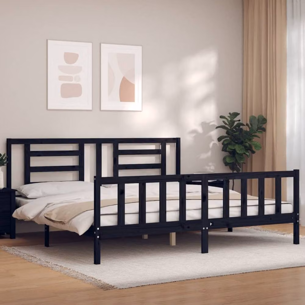 Berkfield Home Solid Pine Bed Frame with Headboard in Black, 200 x 200 cm – 2
