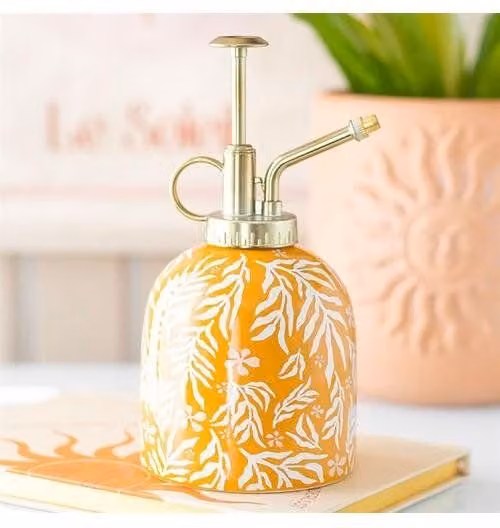 KDMD Ceramic Plant Mister with Summer Leaf Print in Orange, Yellow and Gold