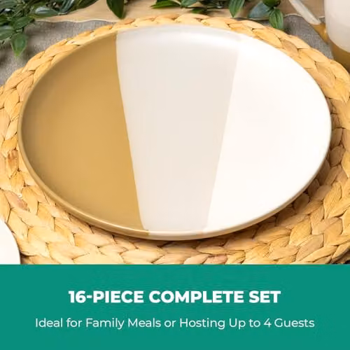 Royalford 16 Piece Stoneware Dinnerware Set in Beige, White and Brown, Microwave and Dishwasher Safe – 6