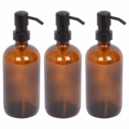 Harbour Housewares Amber Glass Soap Dispensers, Pack of 3, 500ml Refillable Bottles with Black Pumps – 1