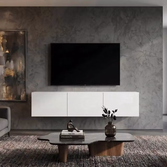 PAWNORA White Glossy Wall Mounted Floating TV Unit with 3 Cabinets, Width: 180 cm – 1