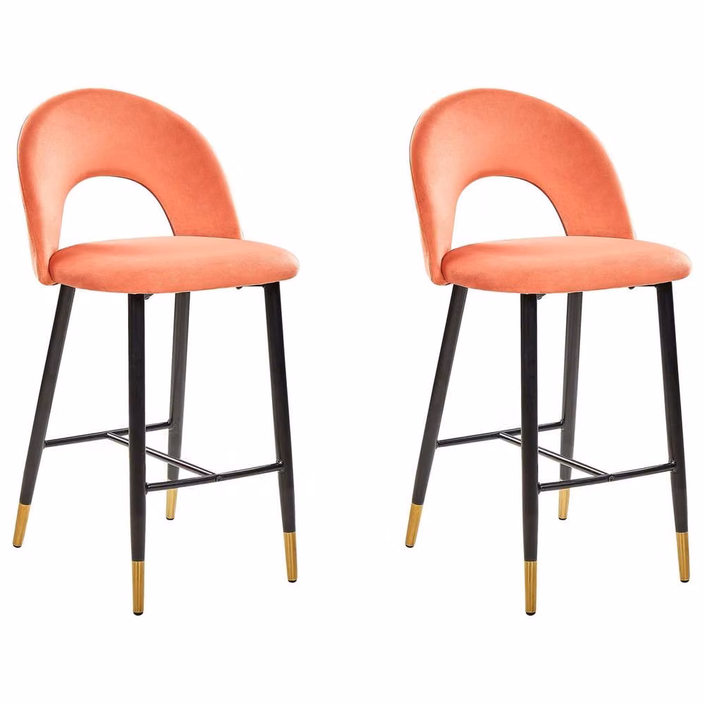 Wyld and Coco Set of 2 Retro Velvet Bar Chairs in Coral Red with Black Steel and Gold Accents – 2