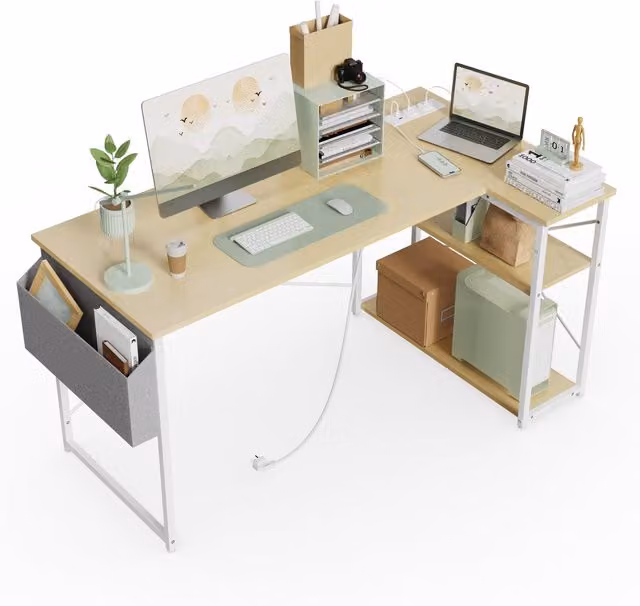 BEXEVUE L-Shaped Computer Gaming Desk with Power Outlets in Beige, W/D/H: 100 x 70 x 70 cm