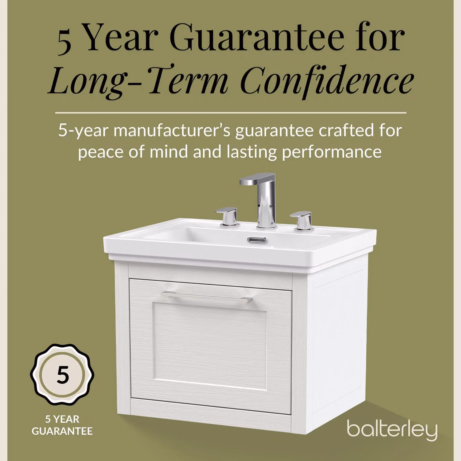 Balterley Wall Hung 1 Drawer Vanity Unit and 3TH Fireclay Basin, White, W: 60 cm – 4