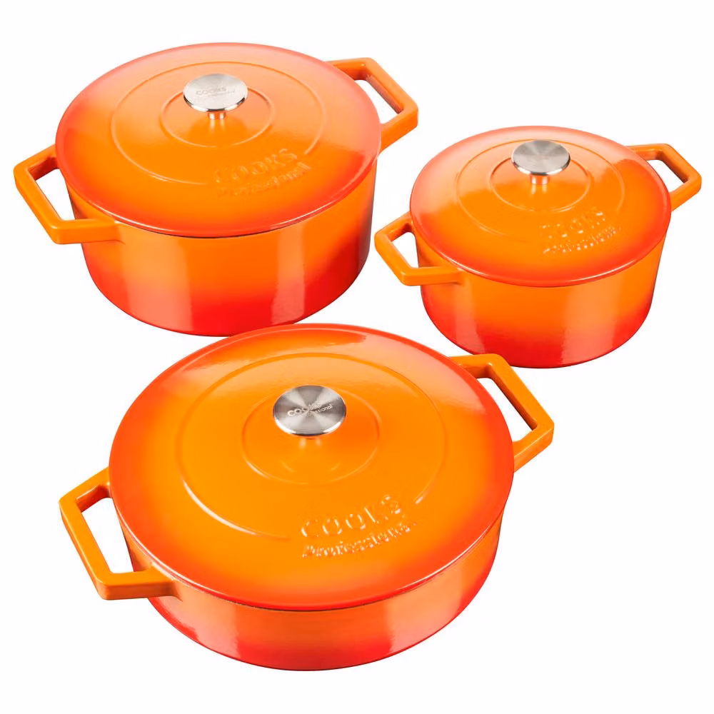 Cooks Professional Set of 3 Enamelled Cast Iron Casserole Dishes with Lids, Orange – 2