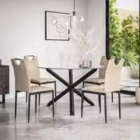 More4Homes Malvern Round Dining Table and 4 Monza Faux Leather Chairs Set, Clear Glass Top with Black Oak Legs and Beige Chairs, Diameter: 120 cm, Height: 75 cm