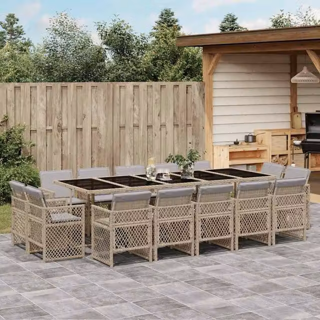 Berkfield Home 15 Piece Poly Rattan Garden Dining Set with Cushions and Glass Table in Beige