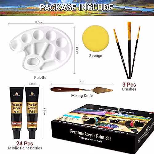 Desire Deluxe 30-Piece Multicolour Acrylic Paint Set with Brushes, Palette, Mixing Knife and Sponge for Canvas, Wood and Ceramic – 3