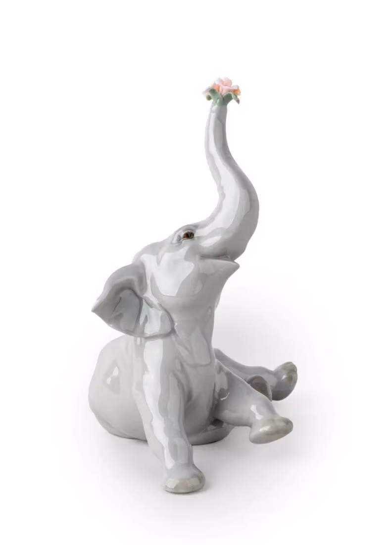 Lladró Baby Elephant with Pink Flower Porcelain Figurine in Grey and Pink