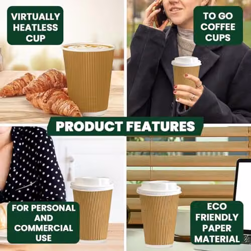 ECONX 50 Pack Disposable 8oz Brown Ripple Kraft Paper Coffee Cups with White Lids – 3