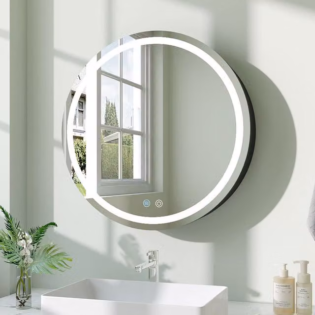 Livingandhome Modern Black Wall-Mounted Bathroom Mirror Cabinet with Integrated LED Lighting and Anti-Fog Feature