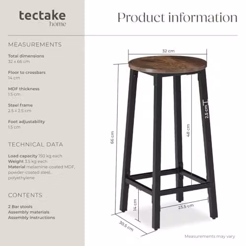 tectake Set of 2 Corby Industrial Bar Stools with Wooden Seats in Brown – 3