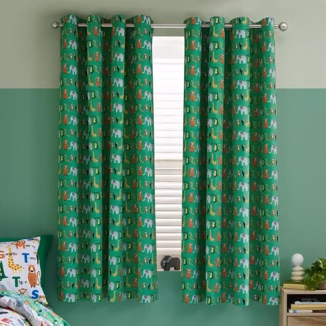 Catherine Lansfield Animal Magic Ready Made Eyelet Curtains, Natural and Green, W: 167.64 cm, H: 182.88 cm