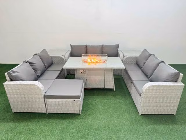 Fimous 10 Seater PE Rattan Outdoor Garden Furniture Set in Light Grey with Firepit Dining Table, 3 Seater Sofa, Footstool and 2 Side Tables